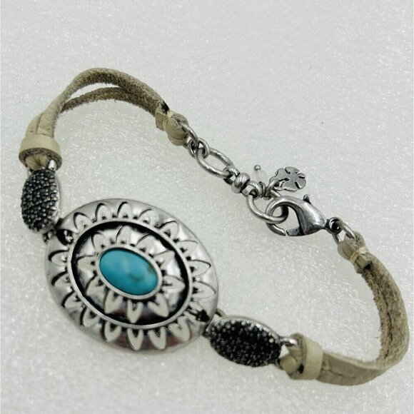 Lucky Brand Bracelet Turquoise Ivory Leather Silver Toned Boho Western 7" - Picture 1 of 3